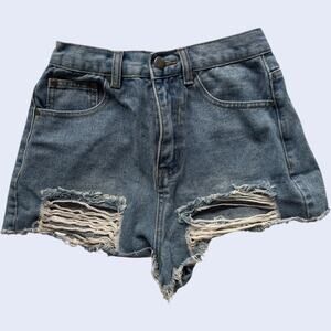 Superdown Distressed Denim Cutoff Shorts Blue High Rise Raw Hem